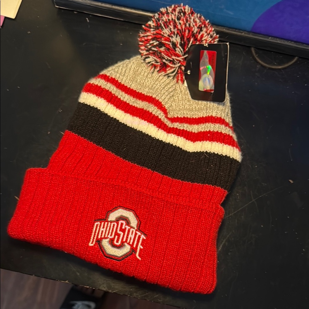Pom Beanie - Red, Black, and Cream OHIO STATE